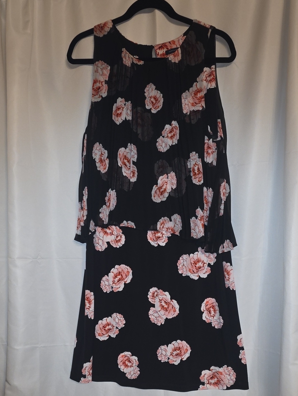 Tommy Hilfiger Black Midi Dress with Pink Floral Pattern Pleated Chiffon On Top